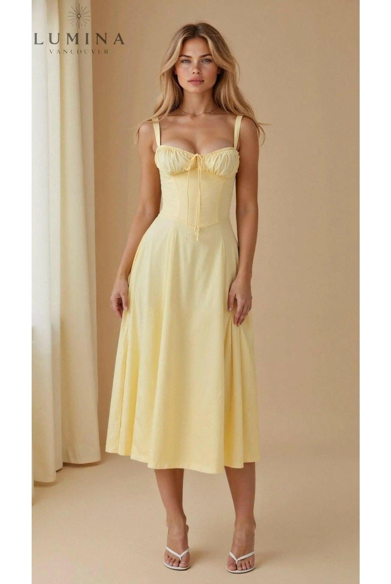 Lumina Wear Alina elegant yellow waist dress for women, perfect for evening or wedding guest occasions.