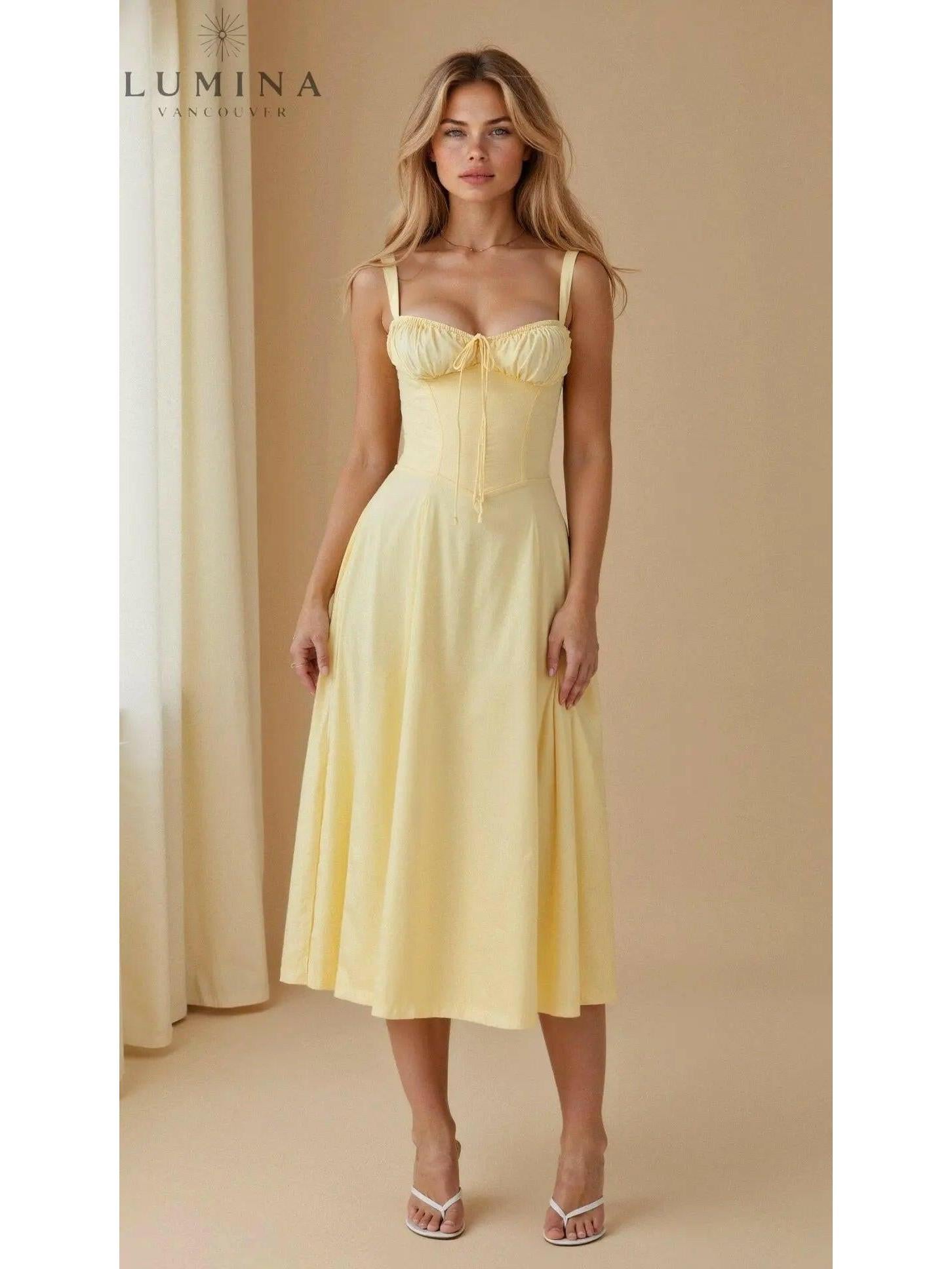 Lumina Vancouver Alina elegant yellow waist dress, perfect for wedding guests, featuring a flattering and chic design.