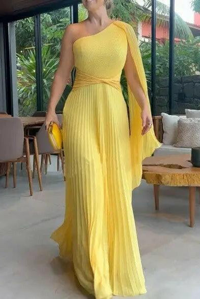 Yellow Dalila off-shoulder pleated maxi dress by Lumina Wear, evening dress with flowing fabric and elegant design.