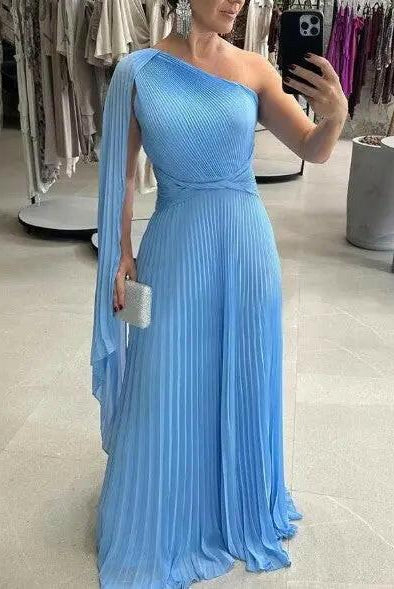 Yellow off-shoulder pleated maxi dress by Lumina Wear, perfect for evening wear and wedding guest occasions.