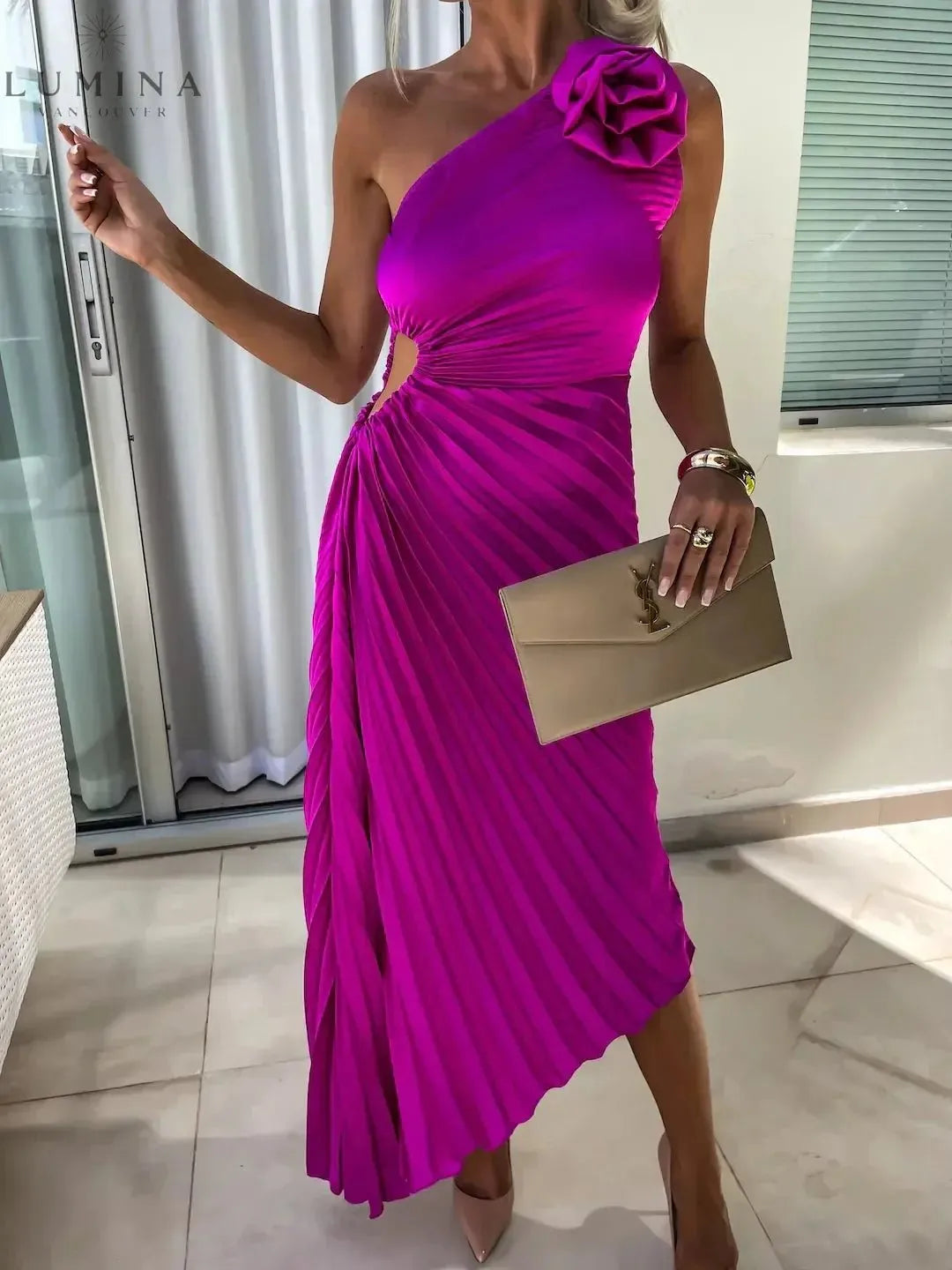 Dariella romantic flower one-shoulder wedding guest dress by Lumina Vancouver, featuring green fabric and elegant floral design.