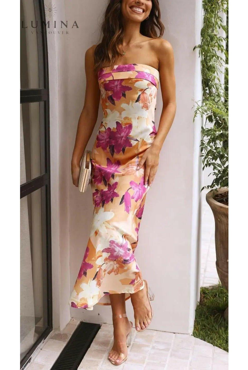 Lumina Wear Bellamy sleeveless floral maxi dress in pink, featuring a flowing design perfect for summer or special occasions.
