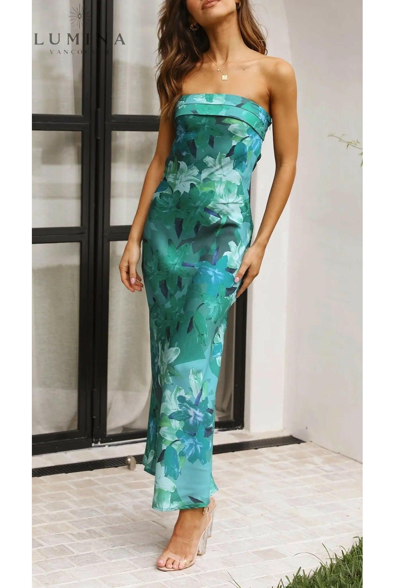 Lumina Wear Bellamy sleeveless floral maxi dress in pink, perfect for summer or wedding guest outfits.