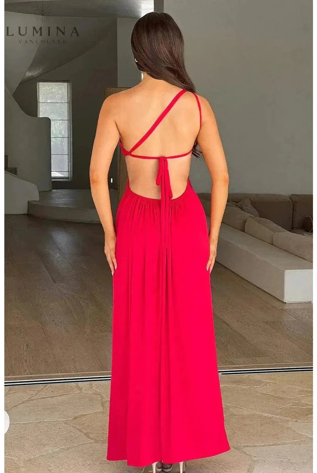 Red Lumina Wear Adalyn Maxi Dress for women, elegant wedding guest dress with flowing fabric and sleeveless design.