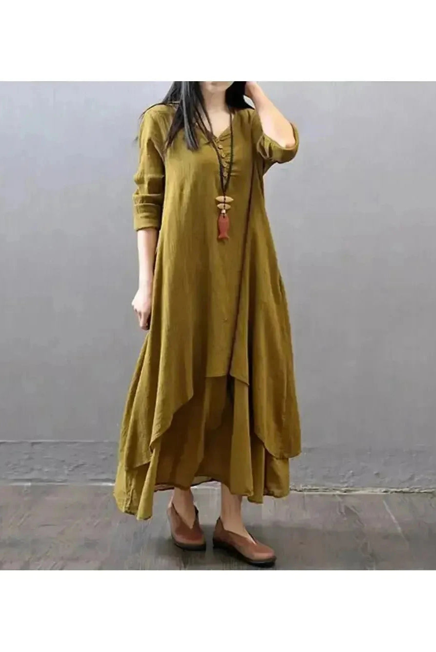Yellow Alessia linen dress by Lumina Wear, featuring a relaxed fit with short sleeves and a casual, breathable style.