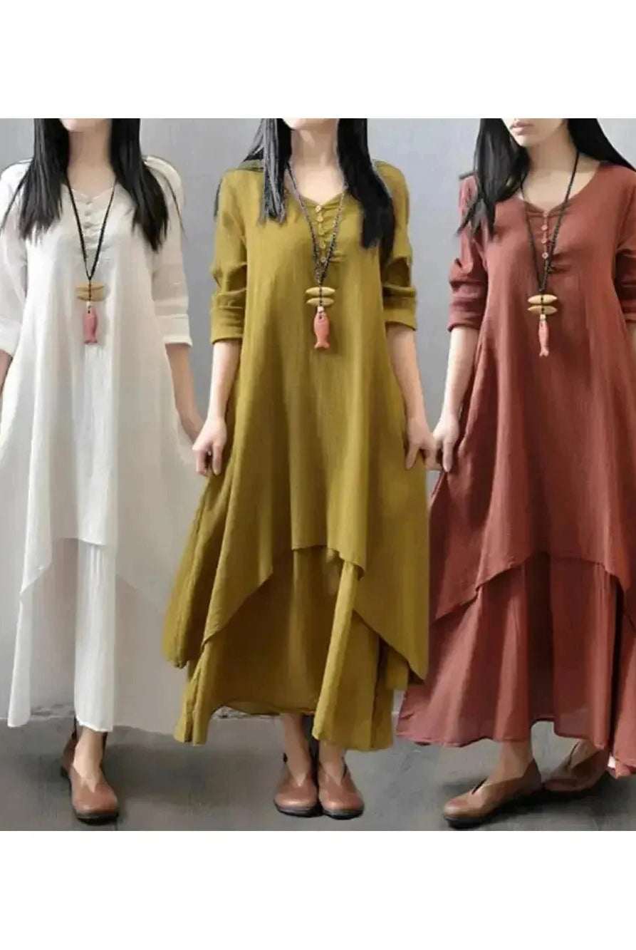 Lumina Wear Alessia linen dress in vibrant yellow, featuring a relaxed fit with short sleeves and a casual, stylish design.