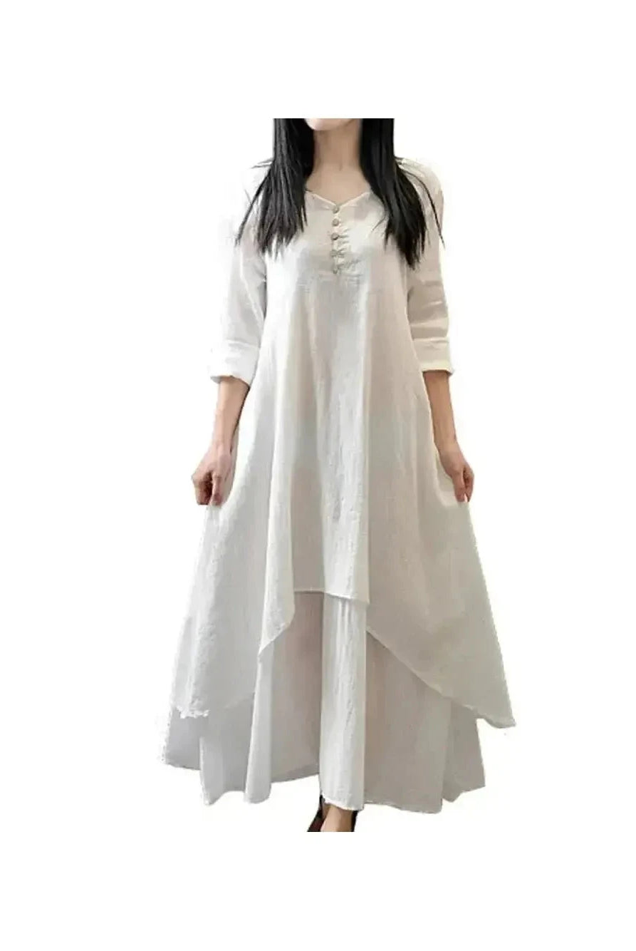 Yellow Alessia linen dress by Lumina Wear, lightweight and flowy with a relaxed fit, perfect for casual summer wear.