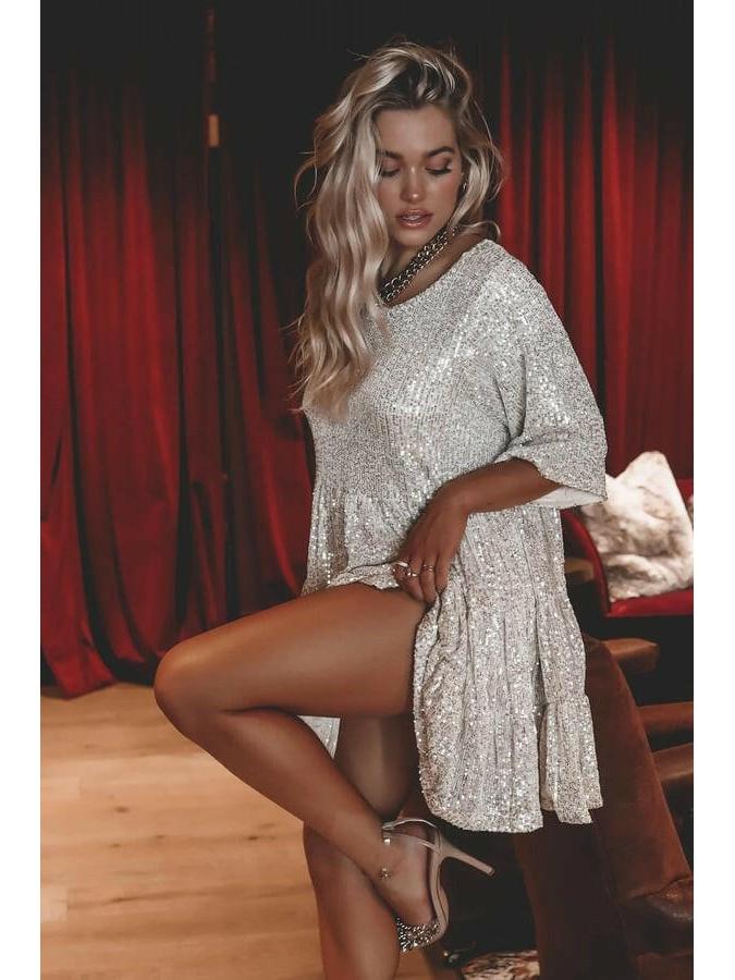 Luminette™ Sparkling Mini Dress in white and silver by Lumina Vancouver, featuring a shimmering design and fitted silhouette.
