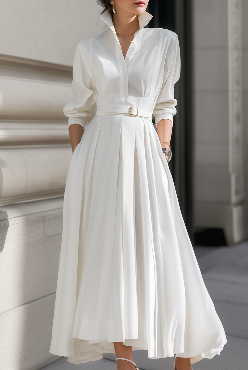 White Ismay belted shirt dress with pleated skirt by Lumina Wear, featuring a maxi length and stylish design.