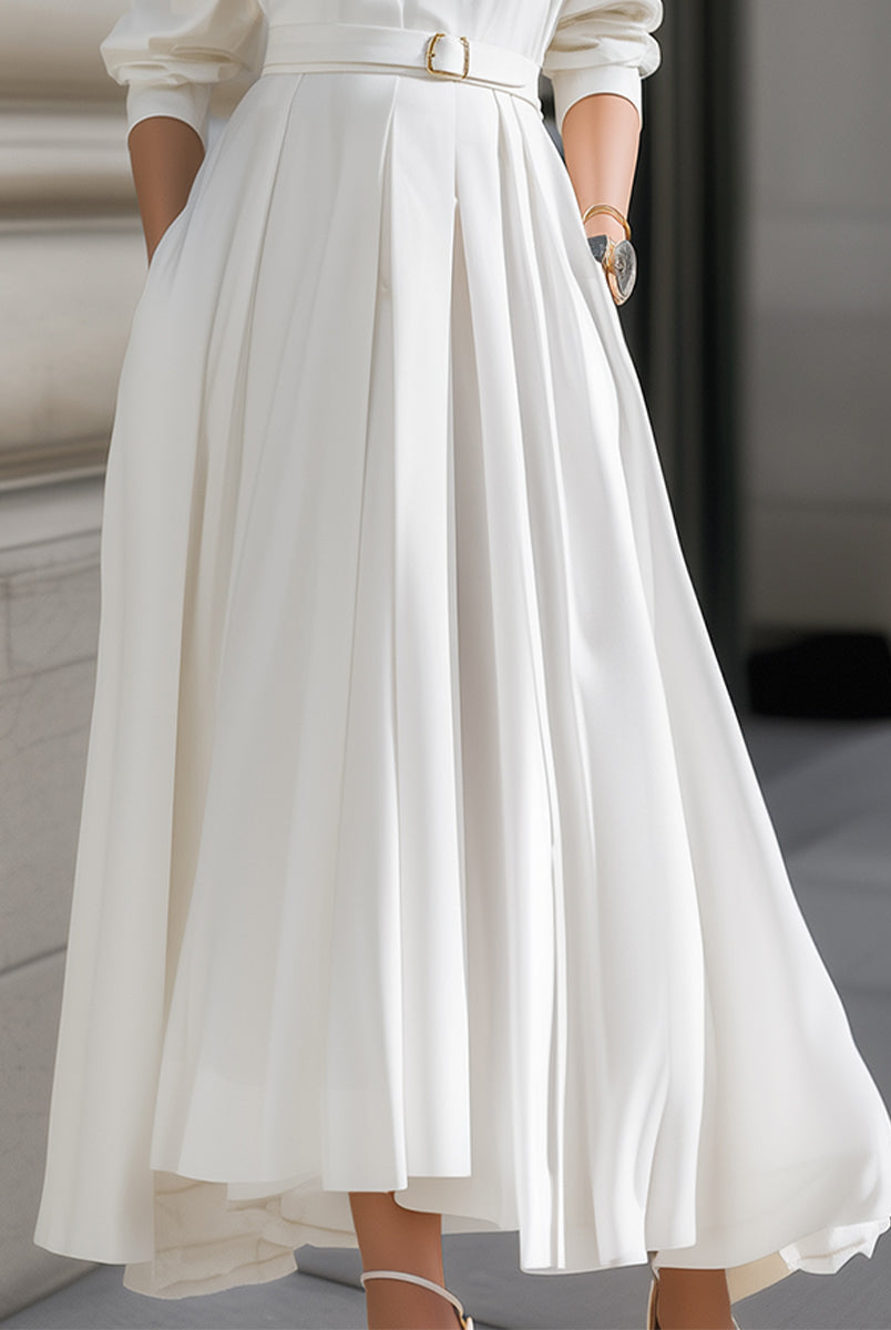 White belted shirt dress with pleated maxi skirt from Lumina Wear, featuring a stylish, flowing design perfect for casual or formal wear.
