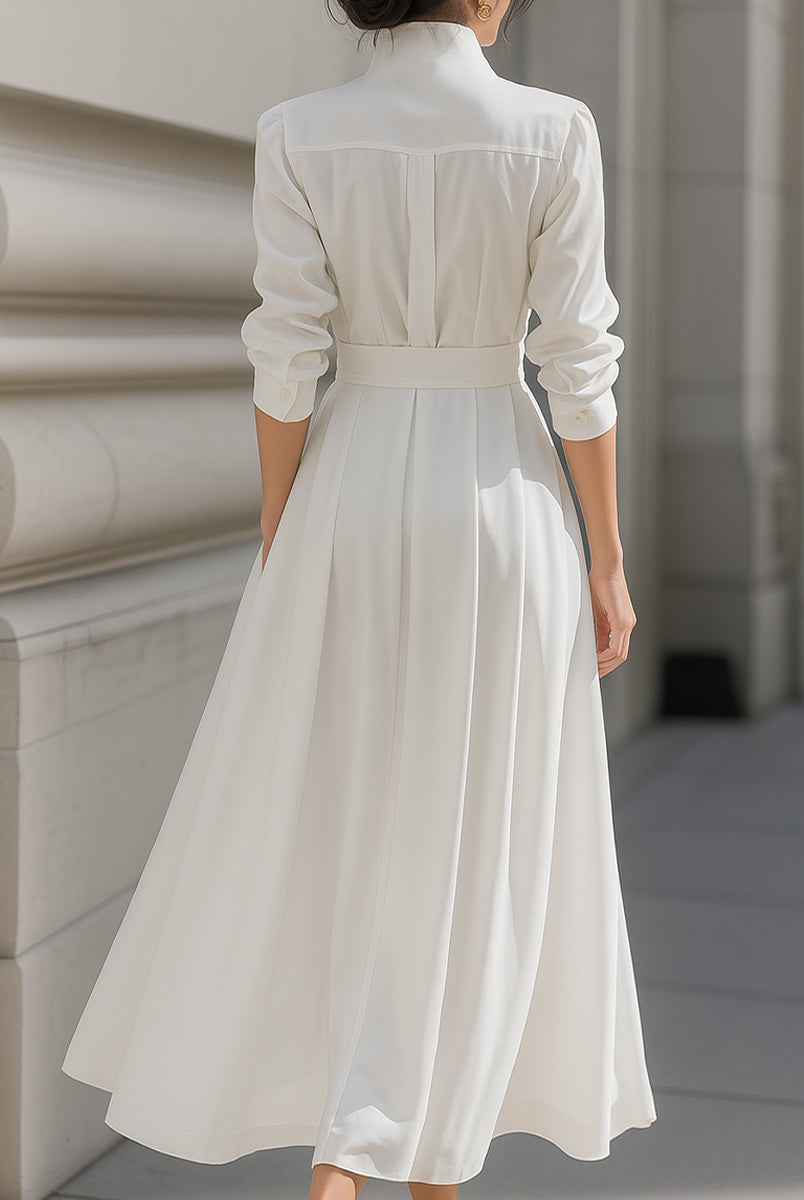 White Ismay belted shirt dress with pleated skirt by Lumina Wear, featuring a maxi length and casual elegant style.