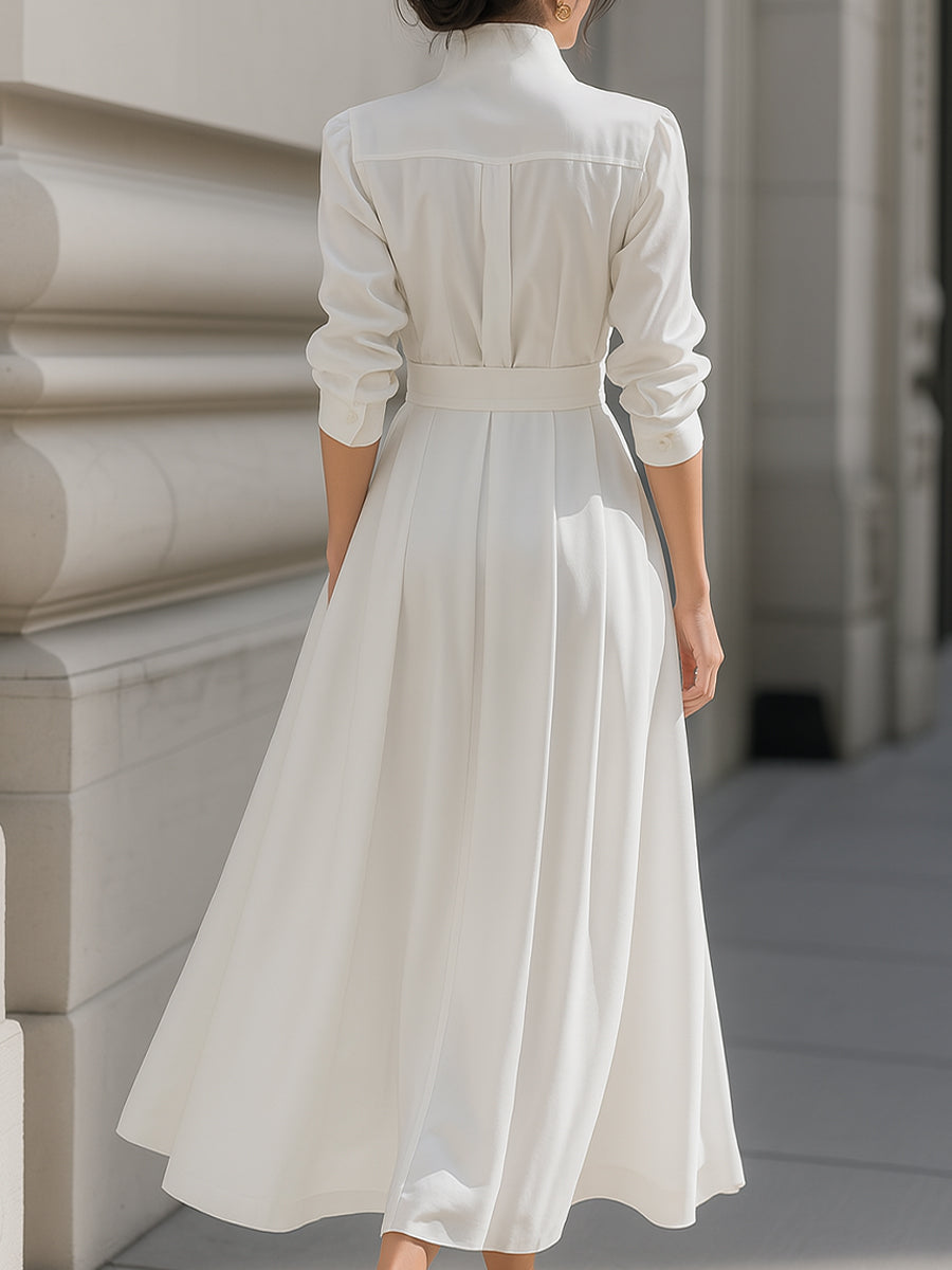 White Ismay belted shirt dress with pleated skirt by Lumina Wear, featuring a maxi length and casual elegant style.