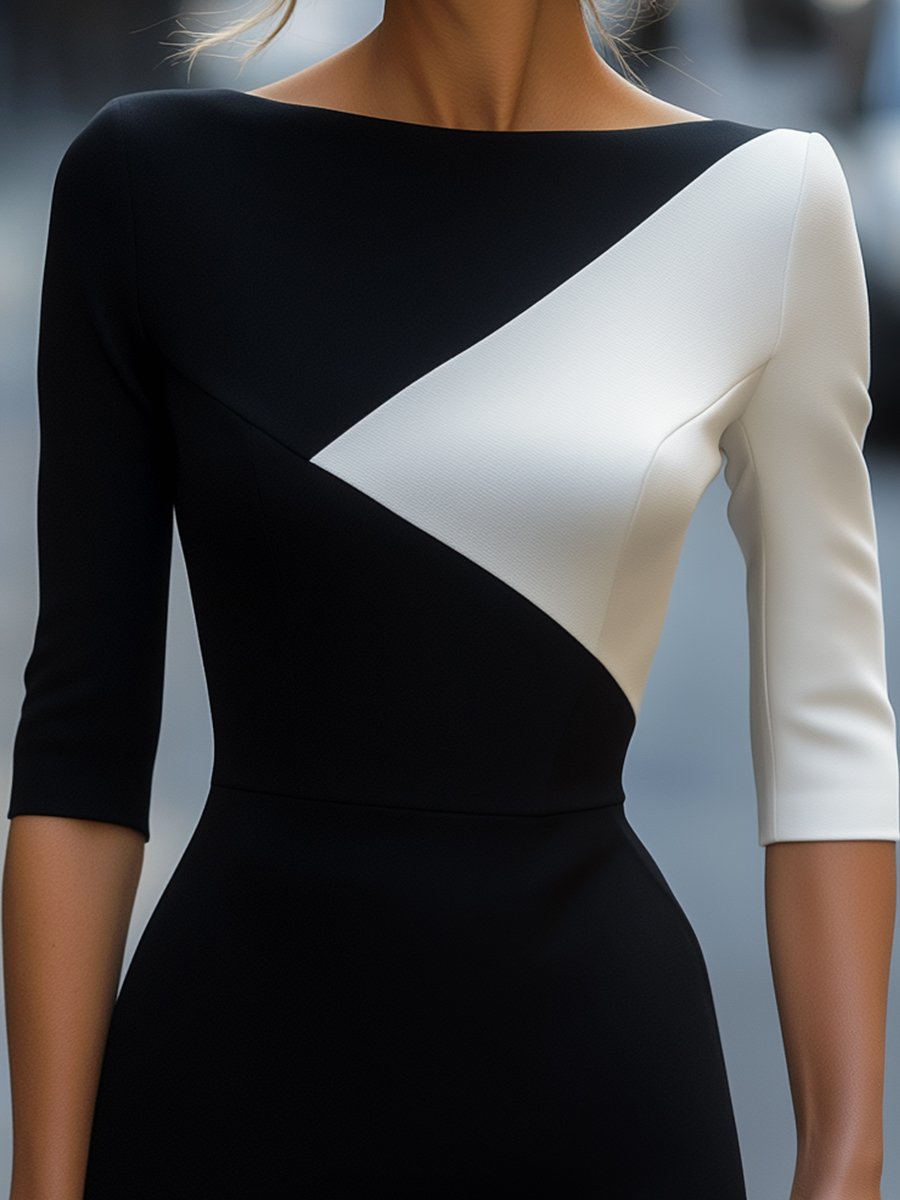 Black and white colorblock midi dress by Lumina Vancouver, featuring a stylish, fitted silhouette and knee-length design.