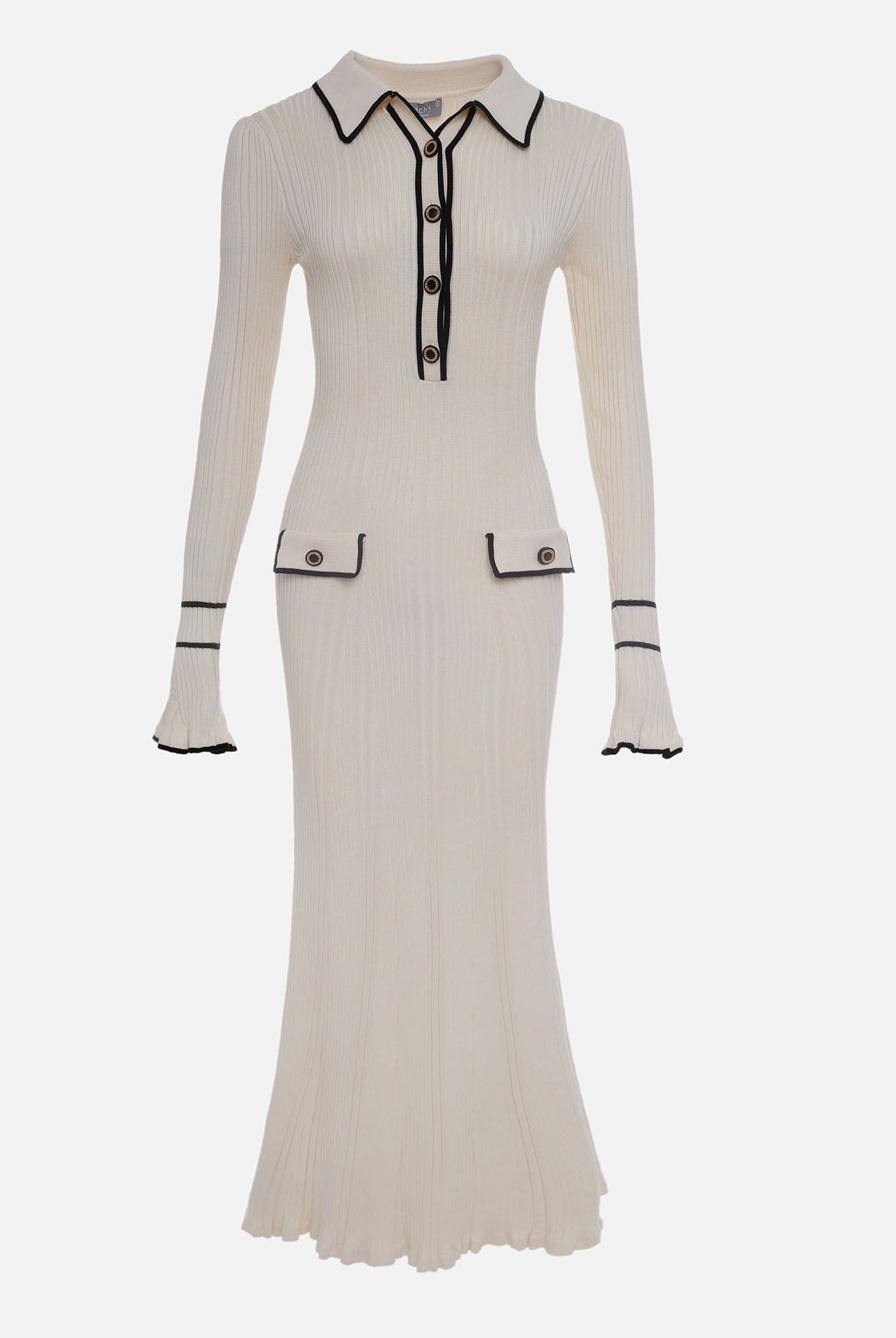 Lumina Vancouver Luna contrast trim midi dress with button details in ivory, showcasing a stylish sleeveless design.