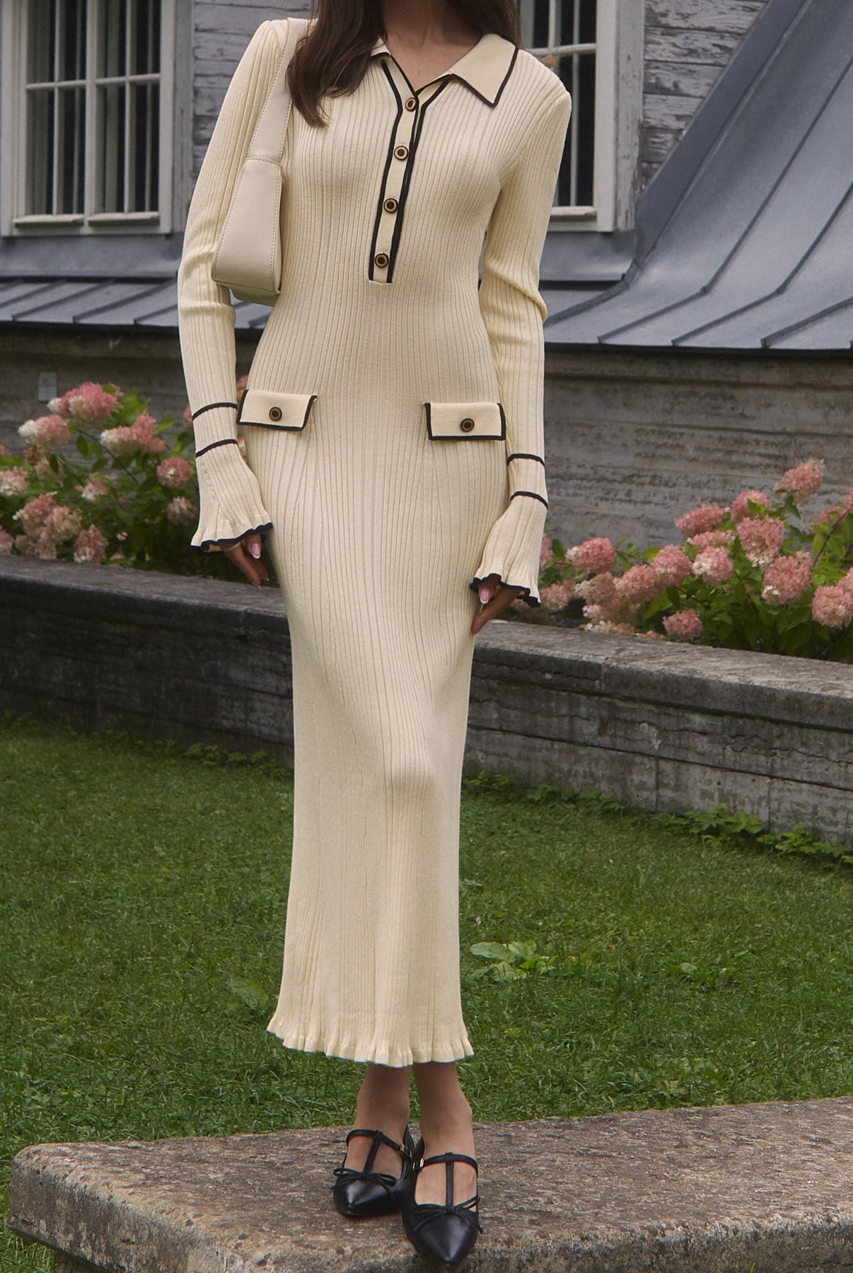 Ivory Luna Contrast Trim Midi Dress by Lumina Vancouver with button details, stylish and elegant for versatile occasions.