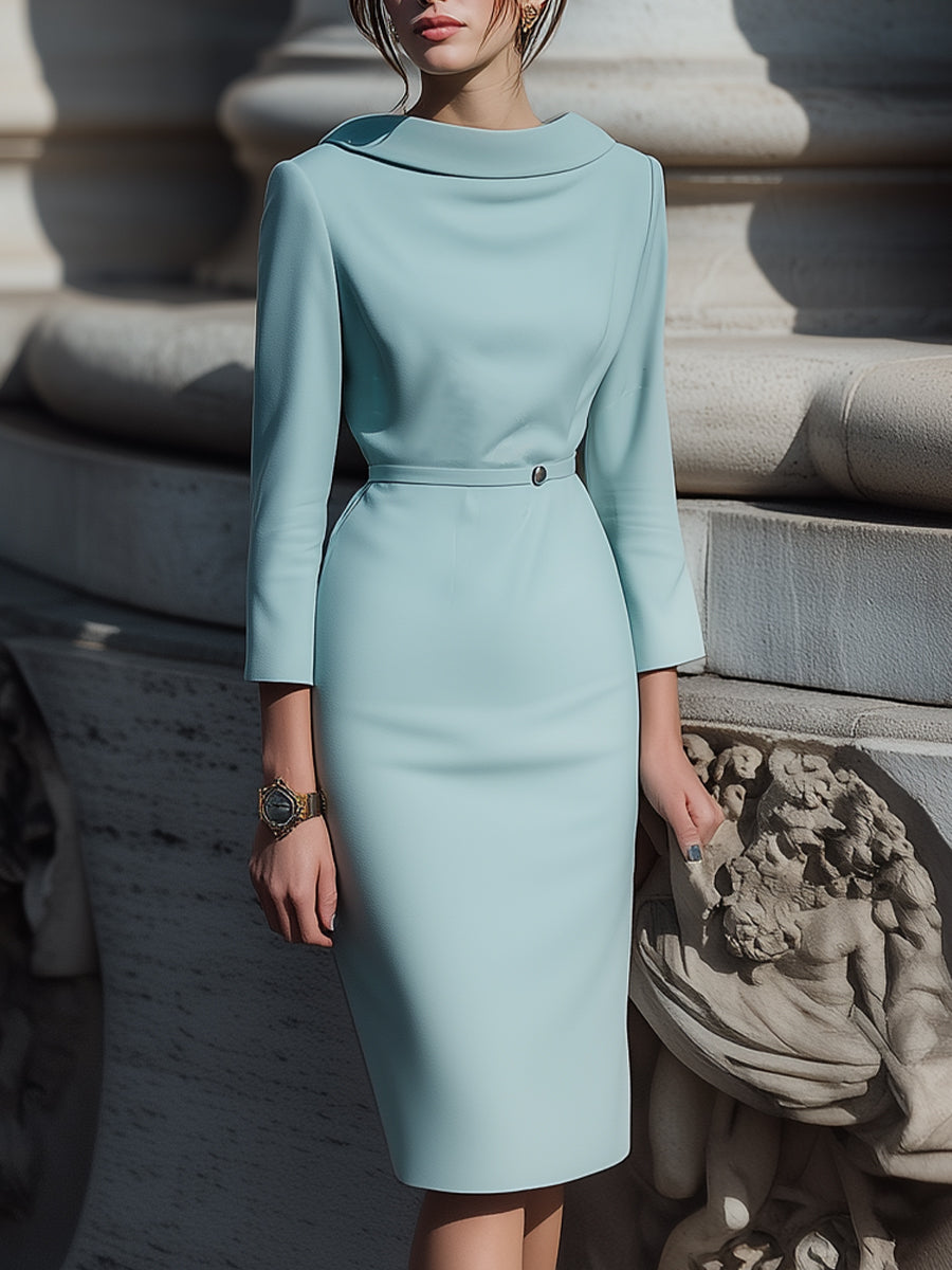 Blue Luna Draped Collar Pencil Midi Dress by Lumina Wear, featuring a fitted silhouette and elegant draped collar detail.