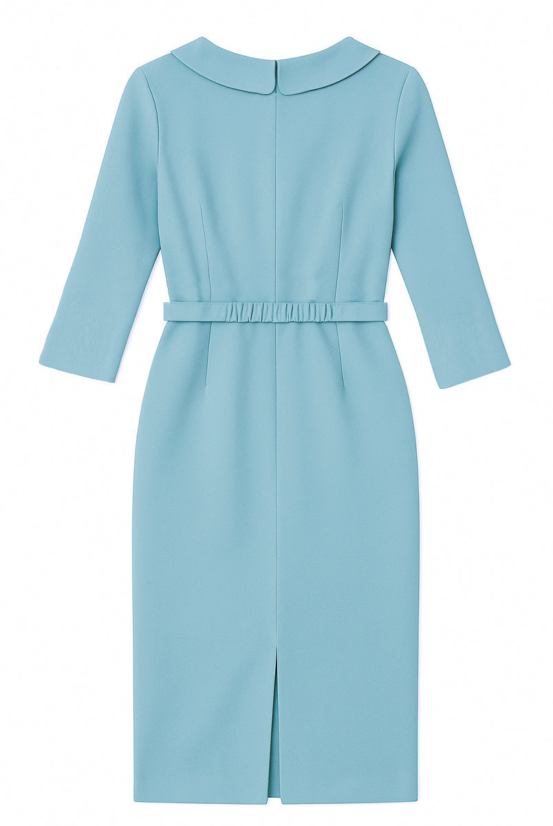 Blue Luna Draped Collar Pencil Midi Dress by Lumina Wear, showcasing elegant design and fitted silhouette.