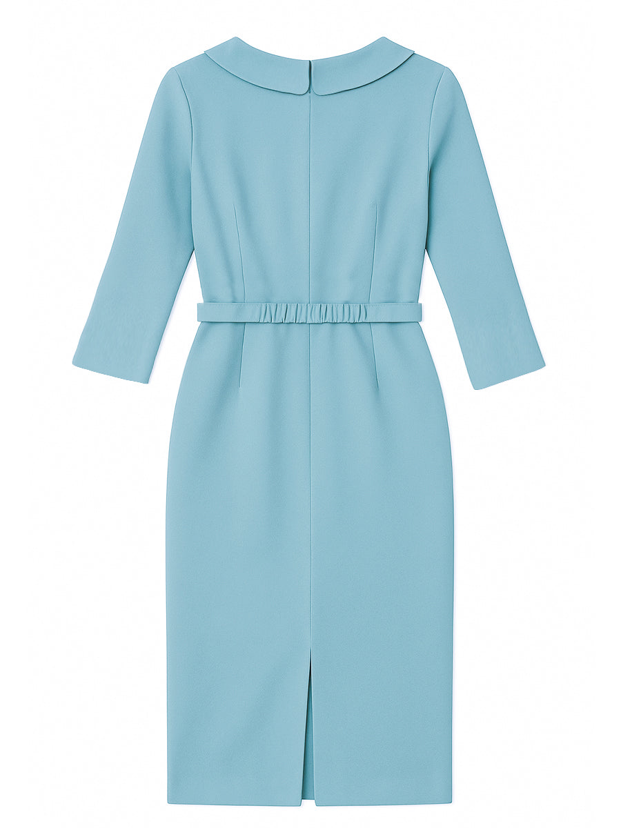 Blue Luna Draped Collar Pencil Midi Dress by Lumina Wear, showcasing elegant design and fitted silhouette.