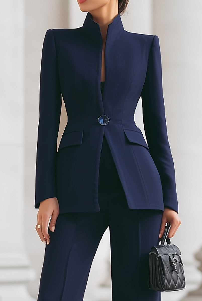 Navy blazer and wide-leg trousers set by Lumina Vancouver, stylish, tailored, and perfect for sophisticated looks.