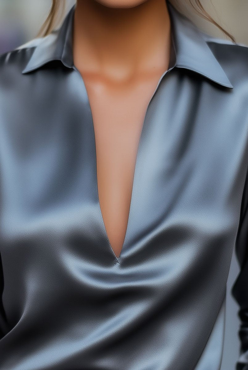Luna | Silver Satin V-Neck Blouse - Lumina Vancouver - Lumina Vancouver