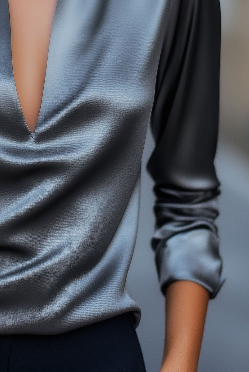 Luna | Silver Satin V-Neck Blouse - Lumina Vancouver - Lumina Vancouver