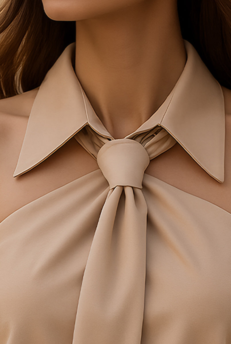 Khaki sleeveless halter blouse with neck tie by Lumina Vancouver, featuring a stylish and feminine design.