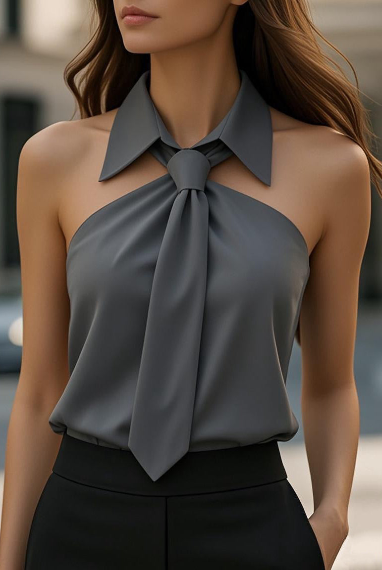 Khaki Luna sleeveless halter blouse with neck tie by Lumina Vancouver, featuring a stylish sleeveless design and casual elegance.