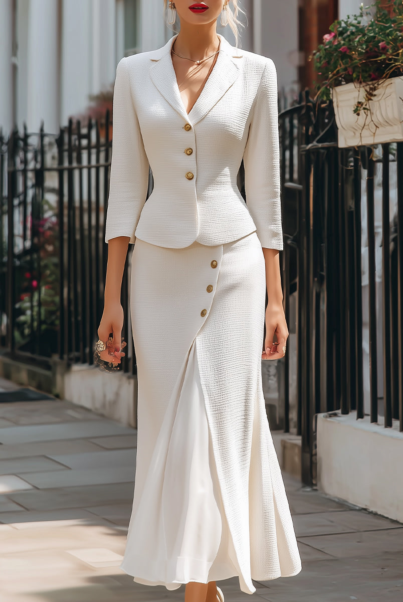 Lumina Wear Bernice textured peplum blazer and midi skirt set in white, stylish and elegant for sophisticated fashion.