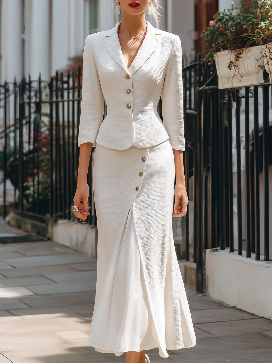 Lumina Wear Bernice textured peplum blazer and midi skirt set in white, stylish and elegant for sophisticated fashion.