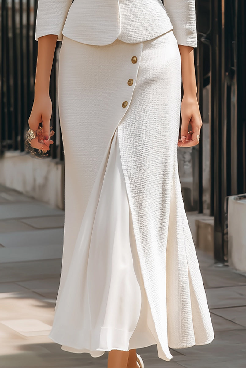 White textured peplum blazer and midi skirt set by Lumina Wear, styled together on a model in a fashion photo.