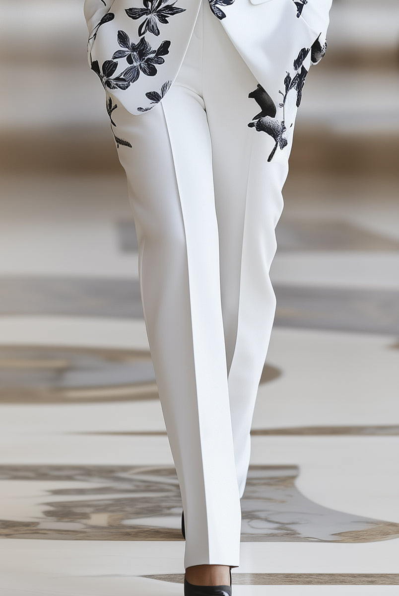 White floral printed pantsuit set by Lumina Wear featuring stylish, lightweight fabric and tailored fit perfect for elegant occasions.