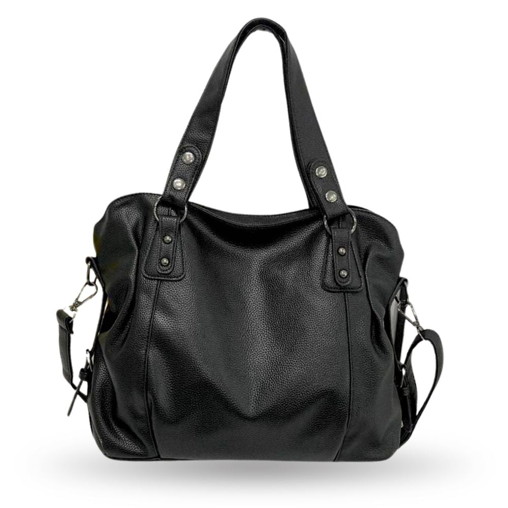 Lumina Wear Lunelle black handbag with spacious interior and versatile strap, featuring sleek design and durable material.