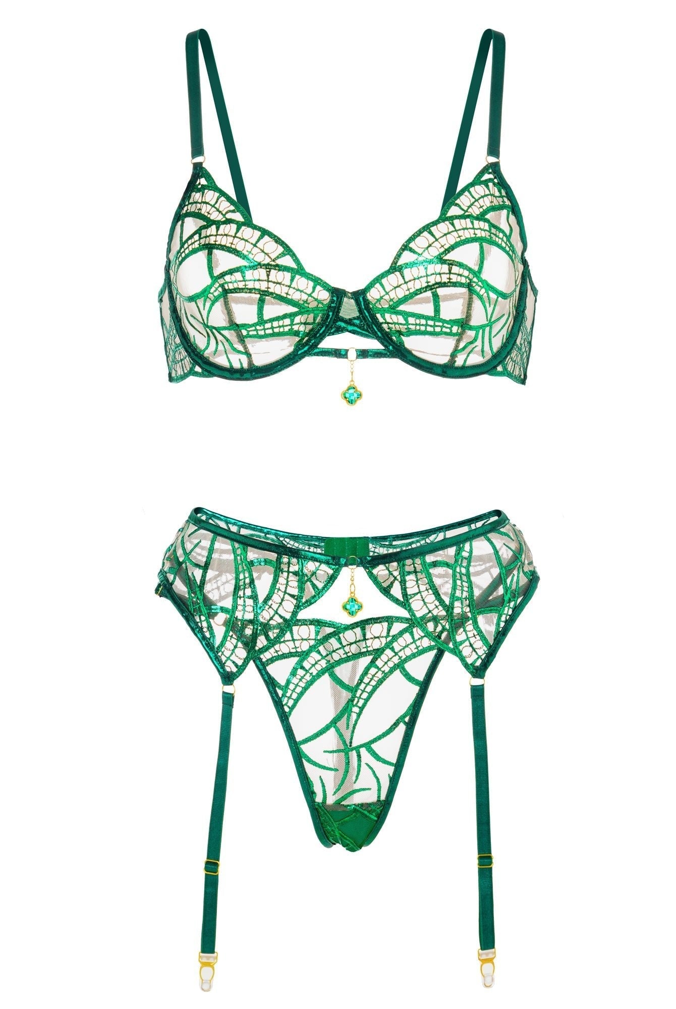 Green metallic foil lace lingerie set by Lumina Wear, includes bra, panties, and garter belt, featuring luxurious lace details.
