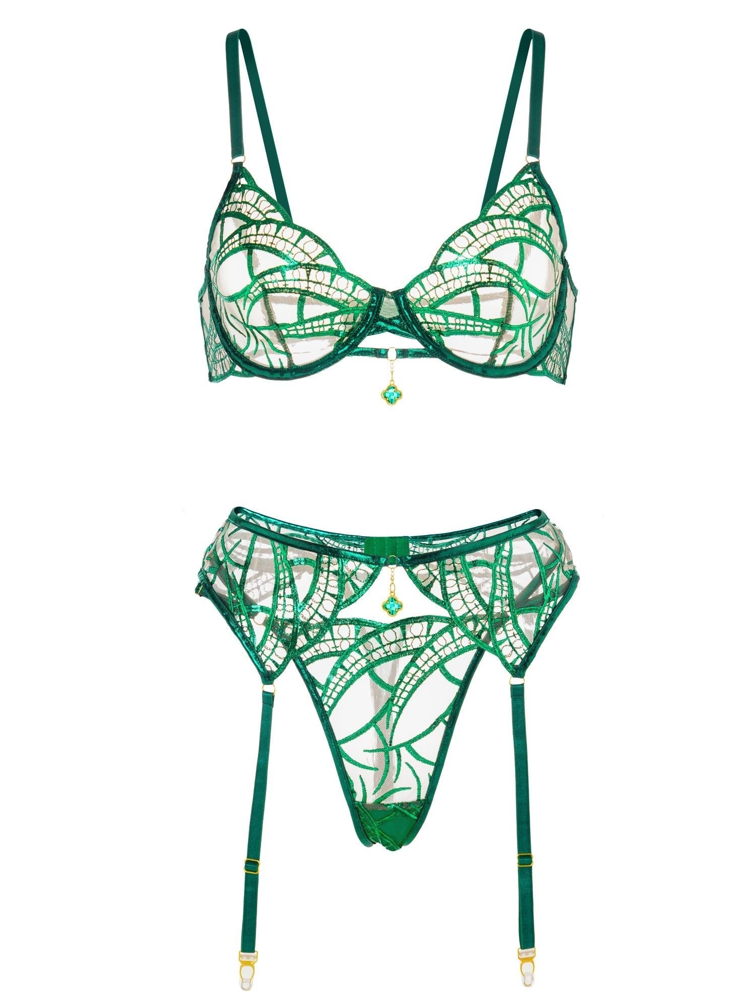 Luxe green metallic foil lace lingerie set by Lumina Vancouver, 3-piece satin, lace, and foil detail with matching bra, panties, and garter.