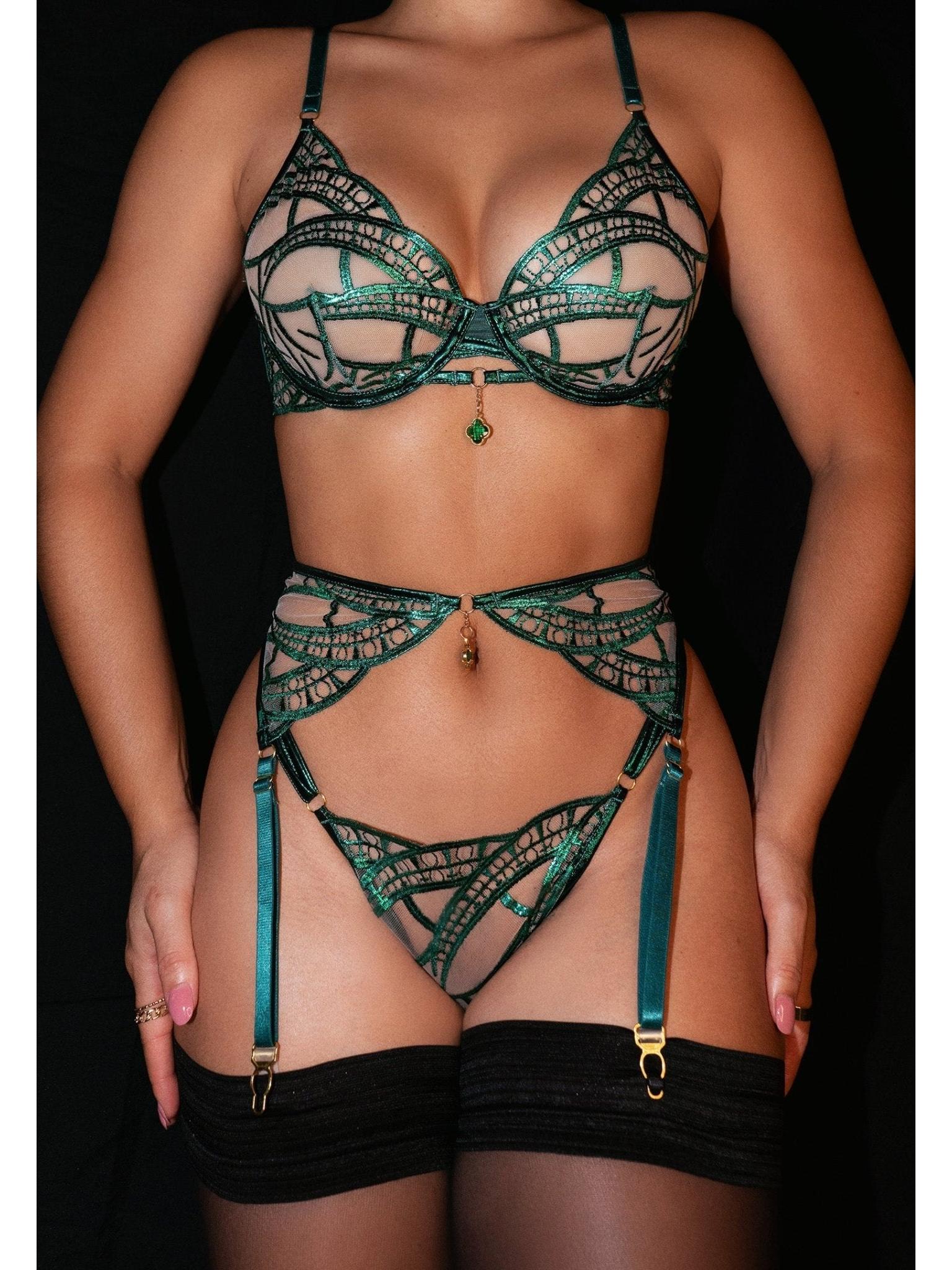 Luxe green metallic foil lace lingerie set by Lumina Vancouver, 3-piece set featuring green bras and matching panties.