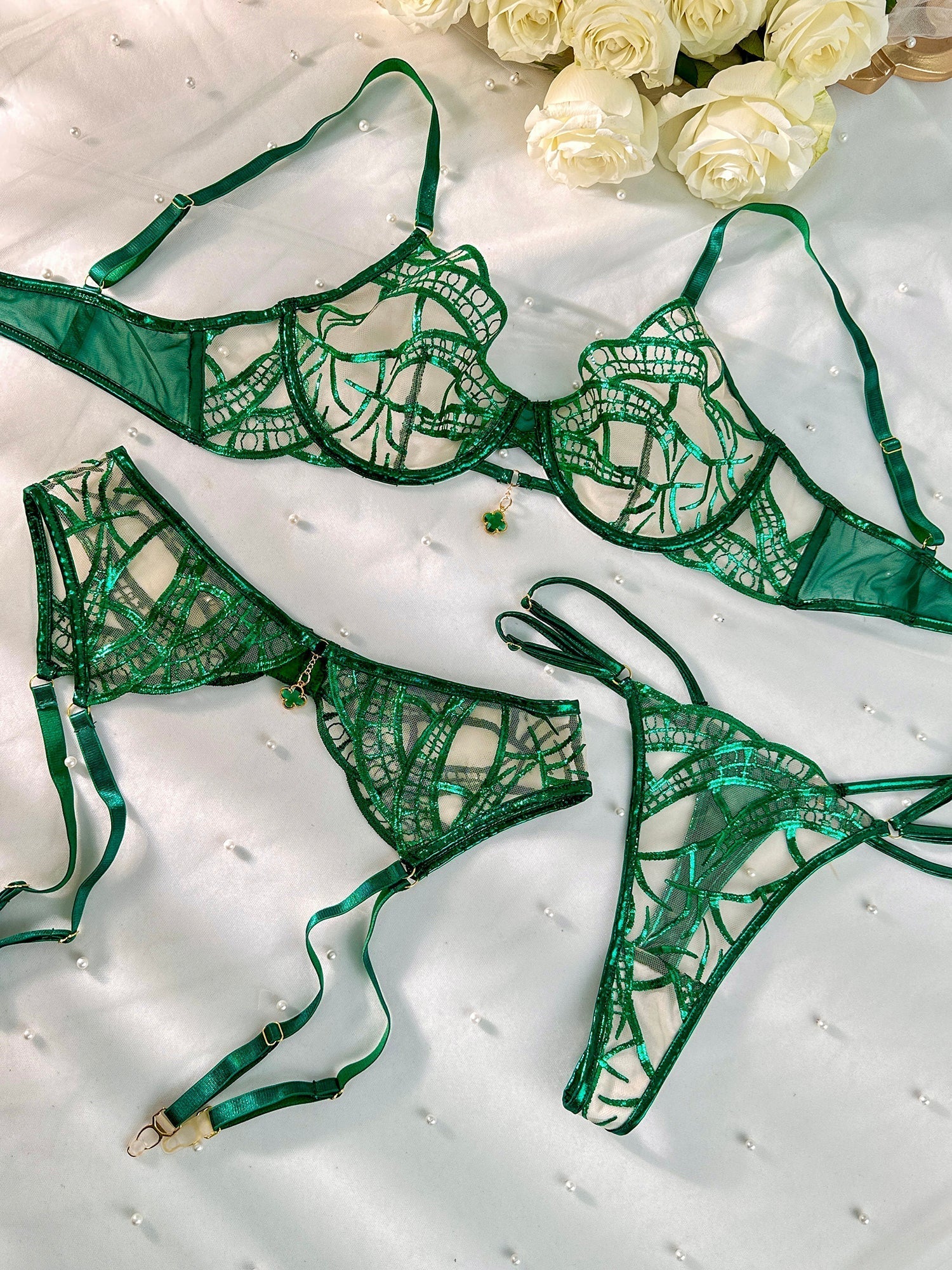 Luxe green metallic foil lace lingerie set by Lumina Vancouver, 3-piece with bras and matching panties, featuring shiny metallic details.