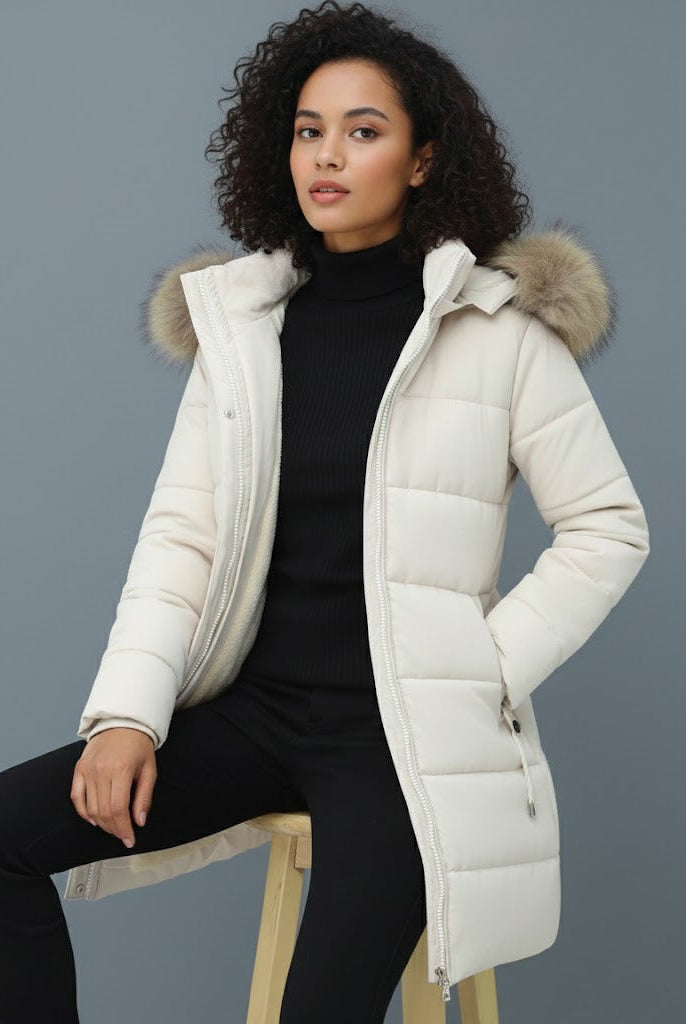 Beige Lydia Lumina Wear longline puffer coat with faux-fur hood, cozy and stylish for cold weather, in an XS size.