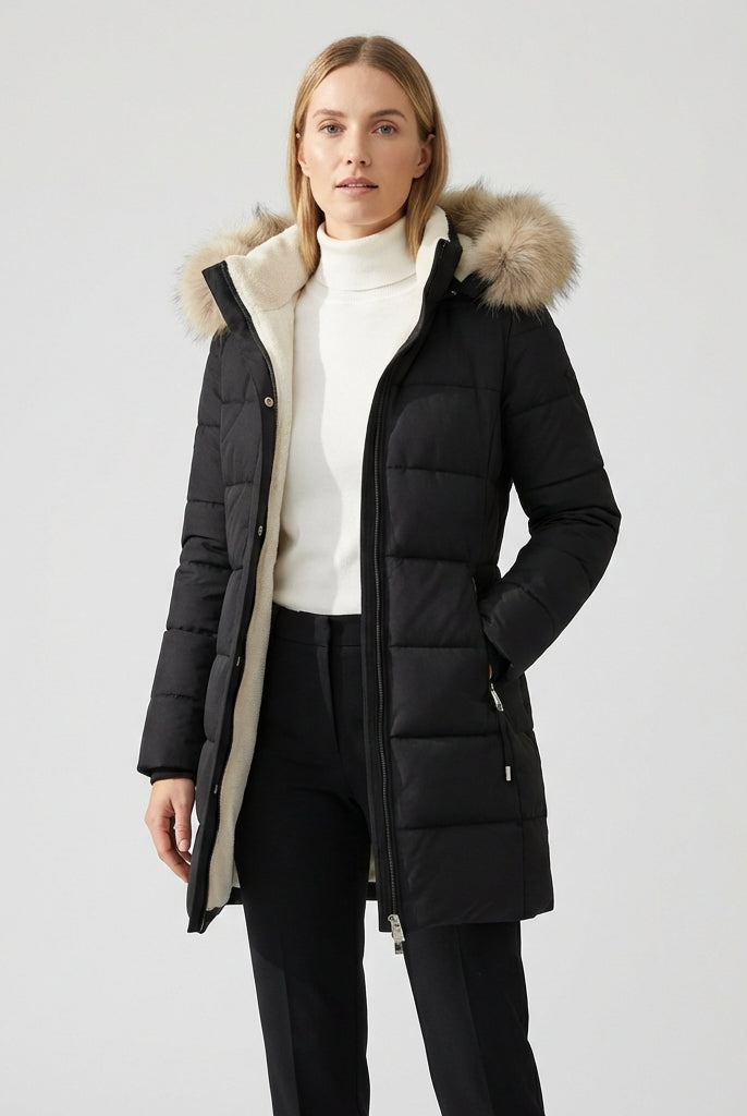 Beige Lydia Lumina Wear longline puffer coat with faux-fur hood, cozy and stylish for cold weather.