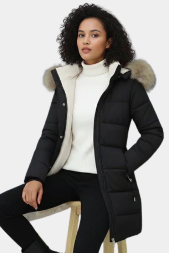 Beige Lydia Lumina Wear longline puffer coat with faux-fur hood, cozy and stylish winter outerwear for cold weather.