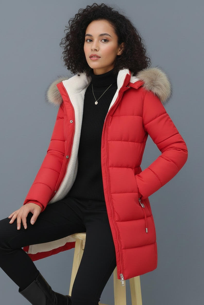 Beige Lydia Lumina Wear longline puffer coat with faux-fur hood, cozy and warm for cold weather, shown on a model.