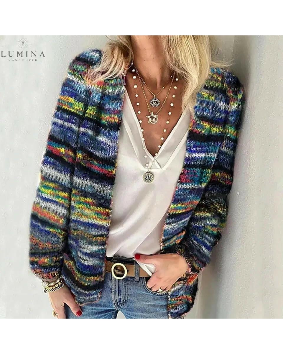 Red knit Lyka sweater cardigan by Lumina Wear, featuring a cozy, stylish design with button details and textured fabric.