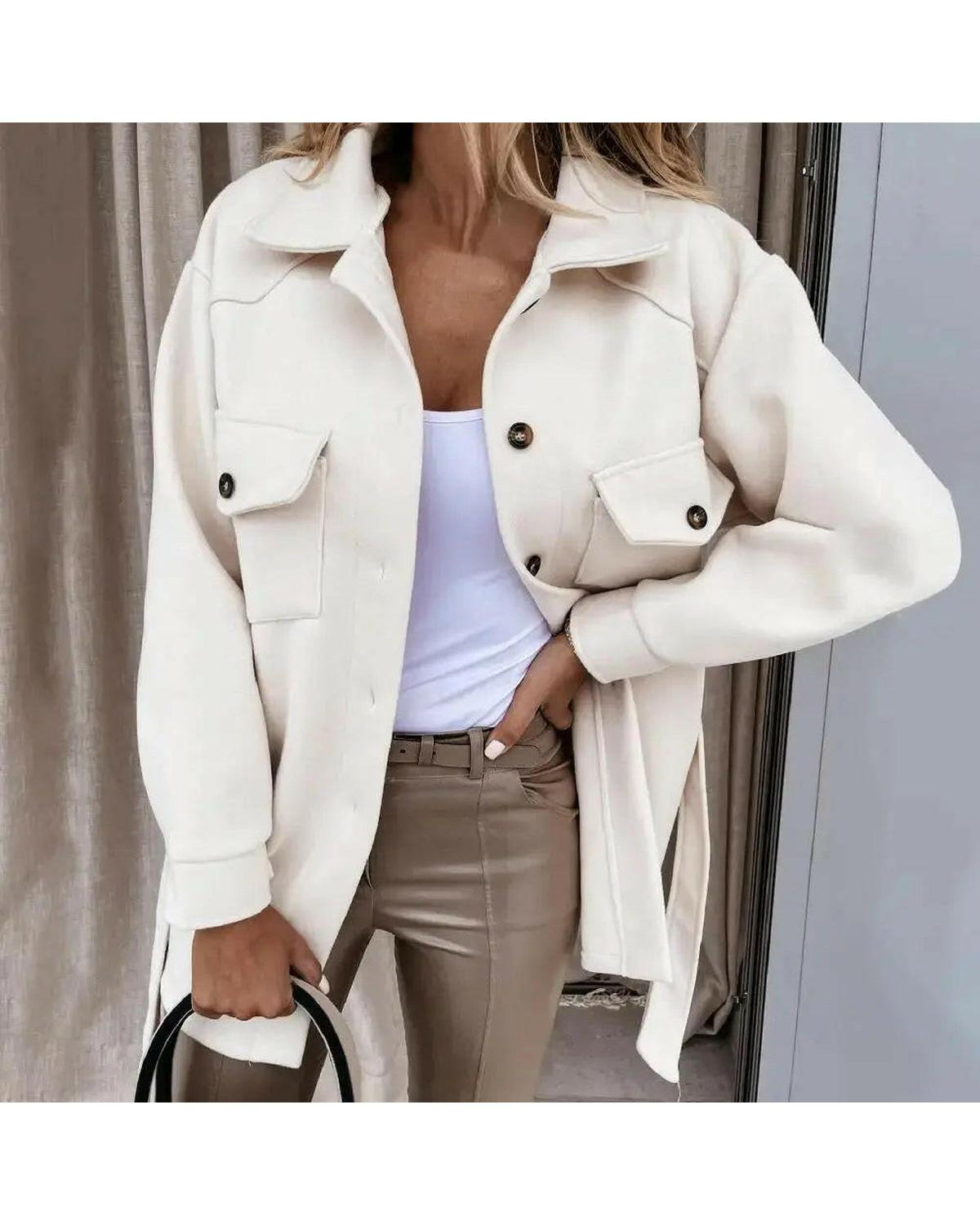 White Lynara stylish autumn jacket by Lumina Wear, featuring a cozy design perfect for fall weather.