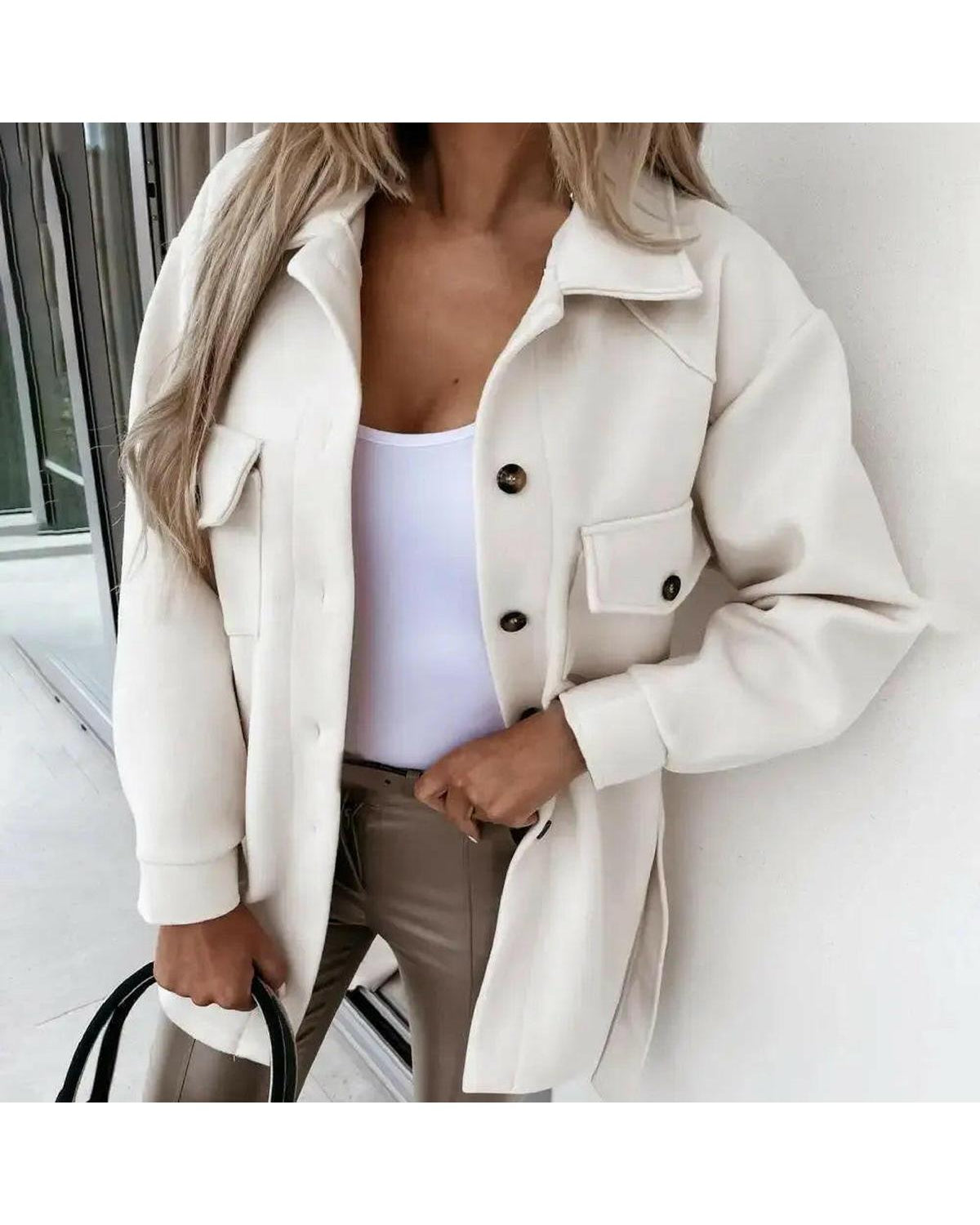 Lynara stylish autumn jacket by Lumina Wear in white, displayed on a hanger against a neutral background.
