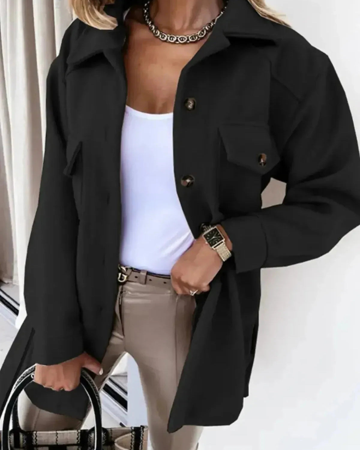 White Lynara stylish autumn jacket from Lumina Wear, showcasing a cozy, fashionable jacket with a modern design.