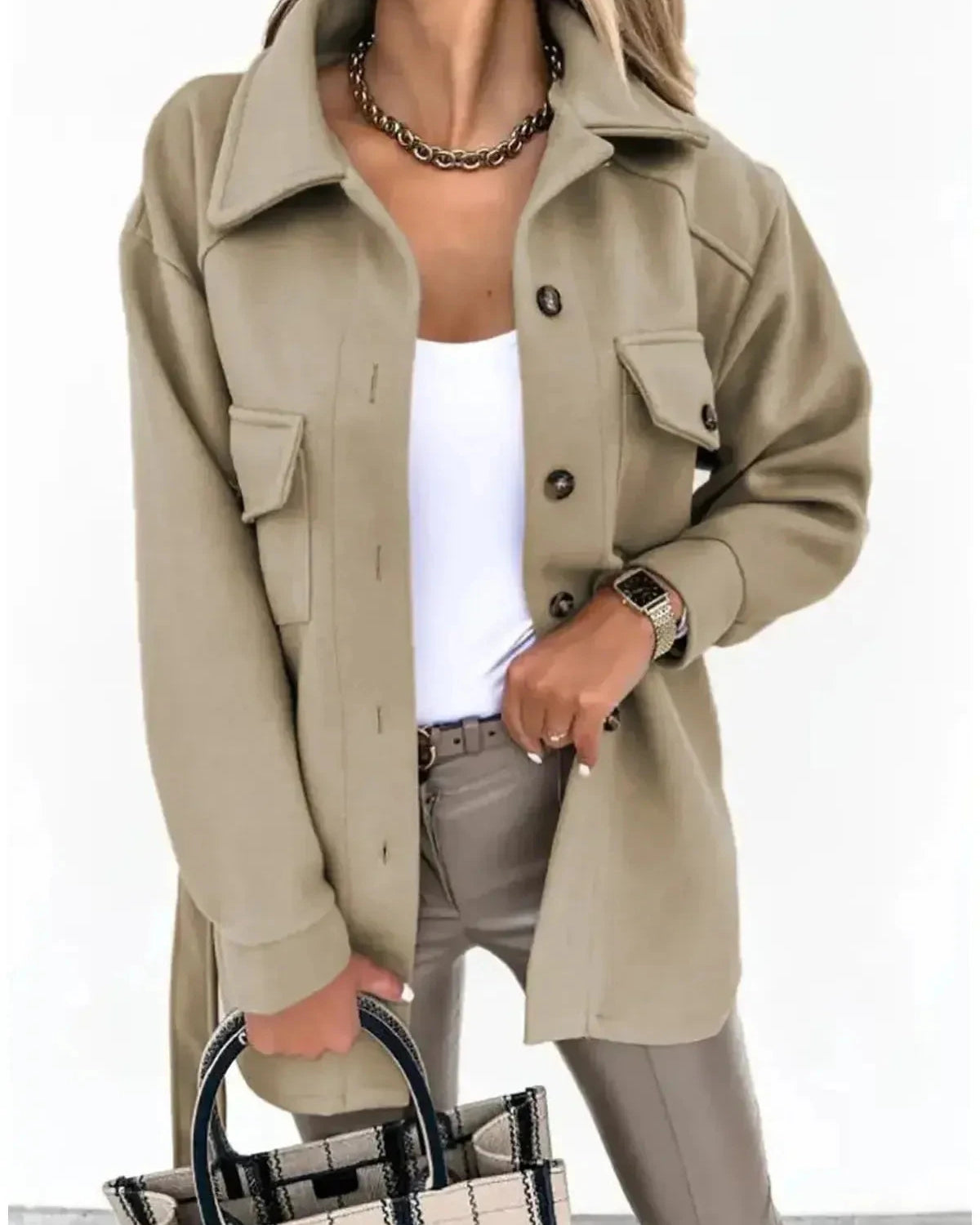 White Lynara stylish autumn jacket by Lumina Wear, shown on a model, perfect for fall weather.