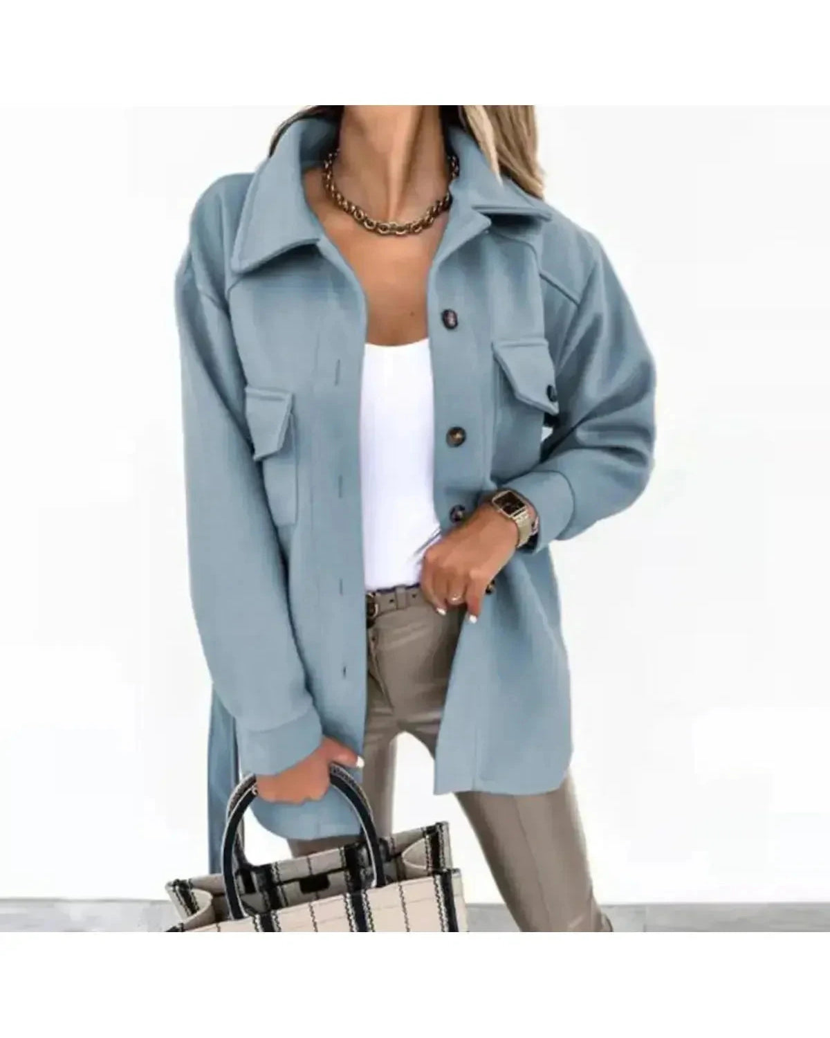 White Lynara stylish autumn jacket by Lumina Wear, featuring a cozy design and modern fit, displayed on a model.