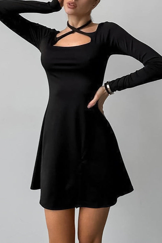 Black Lyra A-line dress with square neckline by Lumina Vancouver, styled as a sleek mini dress with elegant fit.