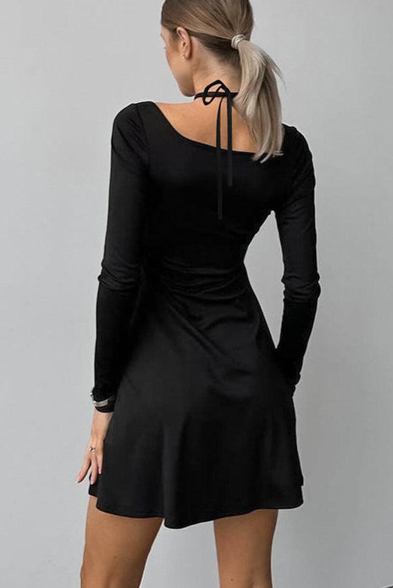 Black Lyra A-line dress with square neckline by Lumina Vancouver, featuring a mini length and elegant fit.