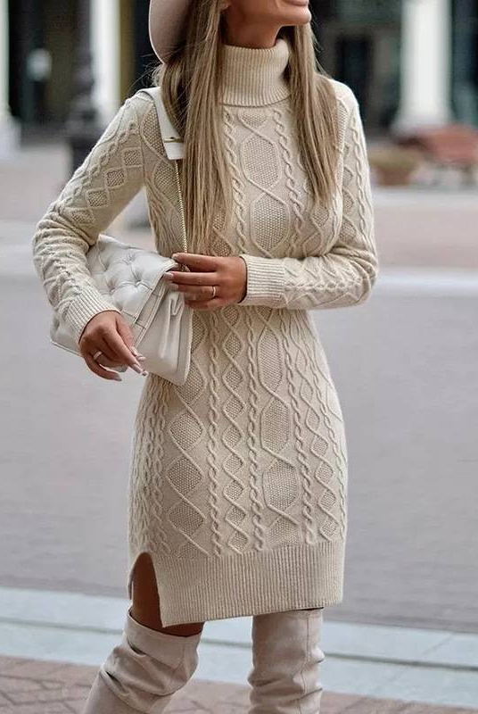 Black Lyra mini dress with turtleneck and cable knit detail by Lumina Vancouver, shown on a model.