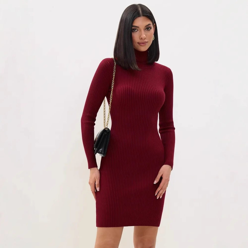 Red Lyra Ribbed Knit Slim Sweater Dress by Lumina Vancouver, showcasing a fitted mini dress with ribbed texture and long sleeves.